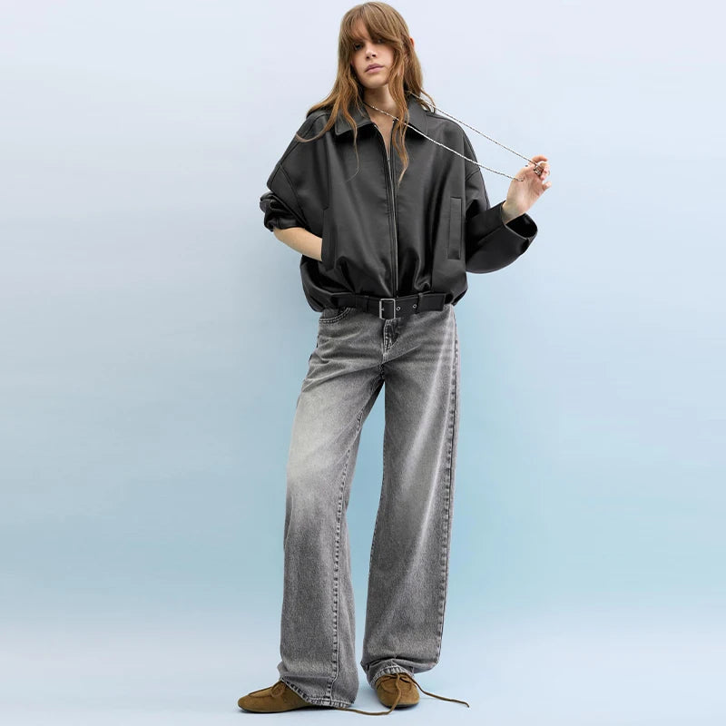 Lapel PU Leather Jacket