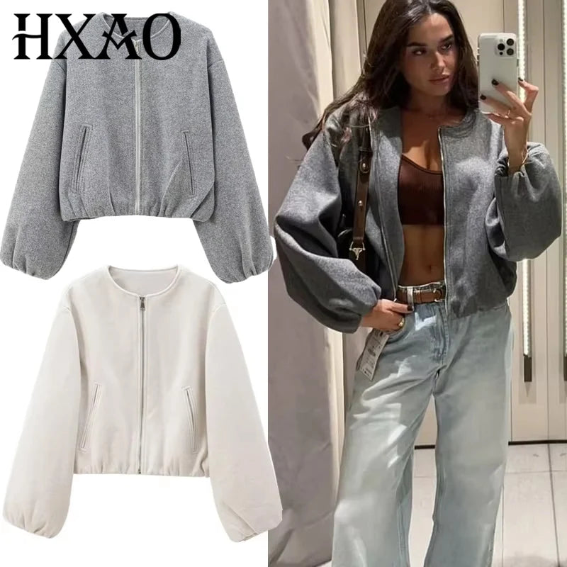 Faux Wool Cropped Bomber Jacket