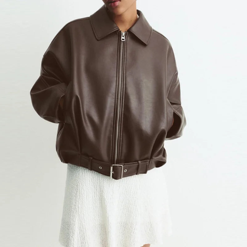 Lapel PU Leather Jacket