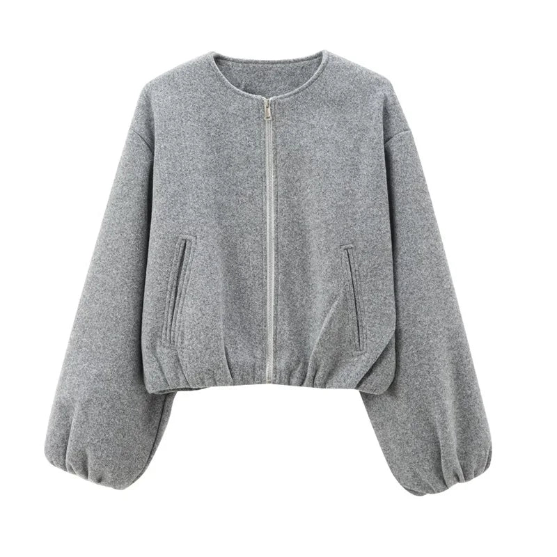 Faux Wool Cropped Bomber Jacket