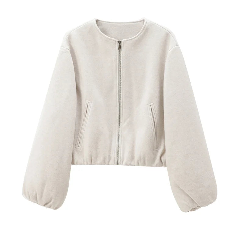 Faux Wool Cropped Bomber Jacket