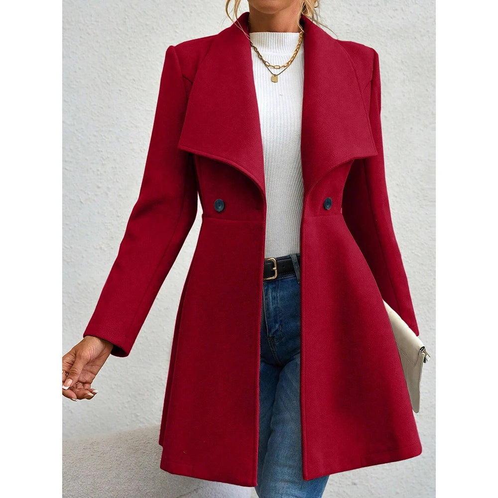 Red Lapel Button-Up Coat