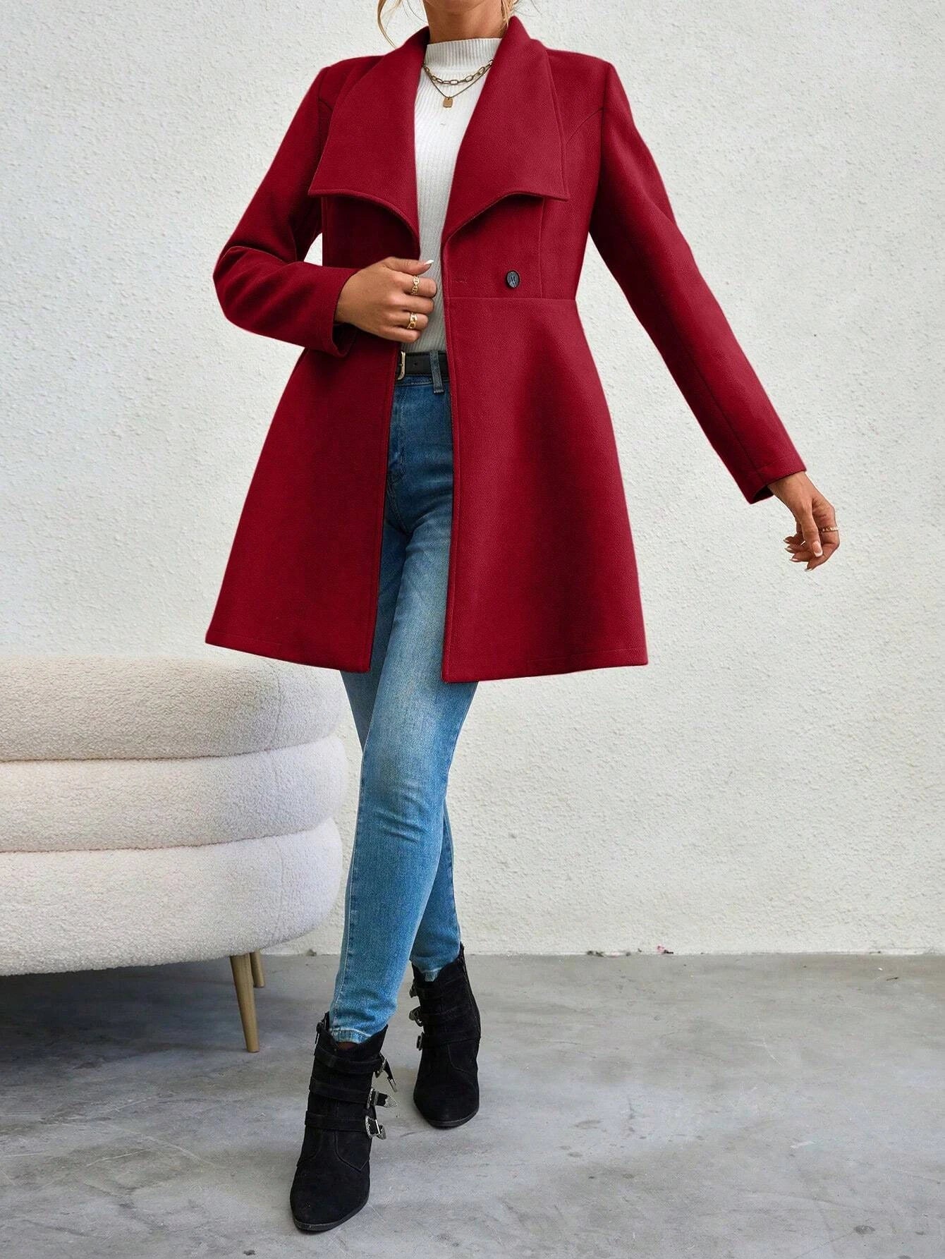 Red Lapel Button-Up Coat