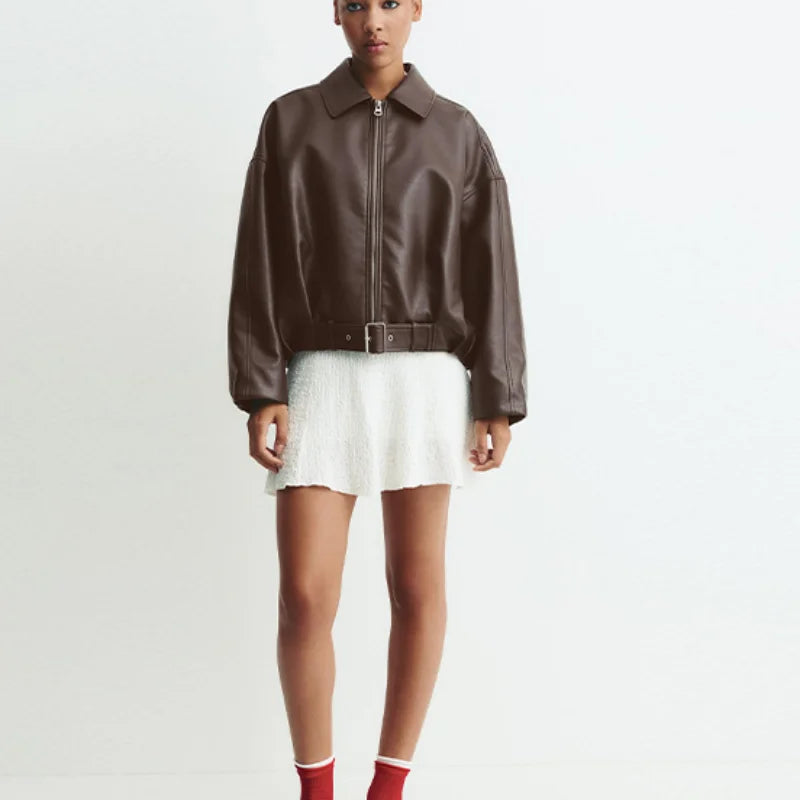 Lapel PU Leather Jacket